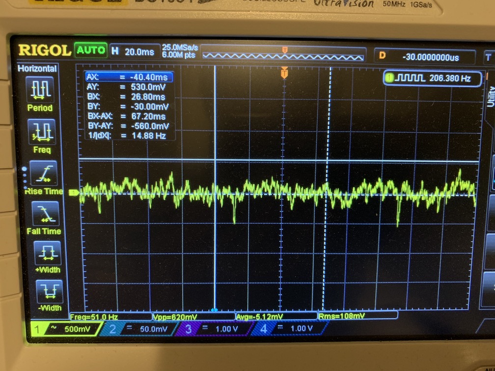 Output signal of the myo3 after shorting its inputs. Peak to peak noise is 620 mV
