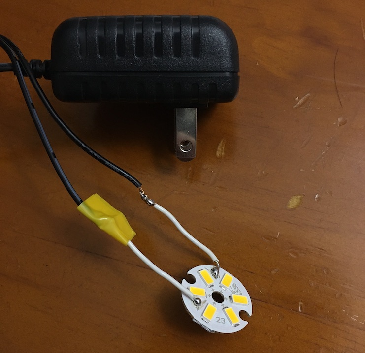 Cheap, 3W LEDs with aluminum backing connected to a 9V wall adaptor