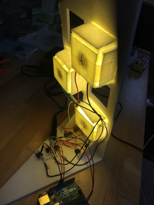 Picture of the apartment-shaped blinker, Arduino controlled MOSFETs and a CC source made from 1W resistors and an LM317 to drive the big LEDs.