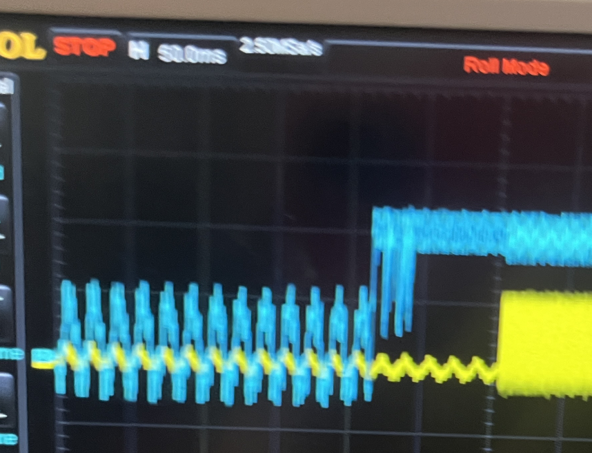 60ms delay after startup on the ATtiny. Blue is power rail, yellow is the signal out