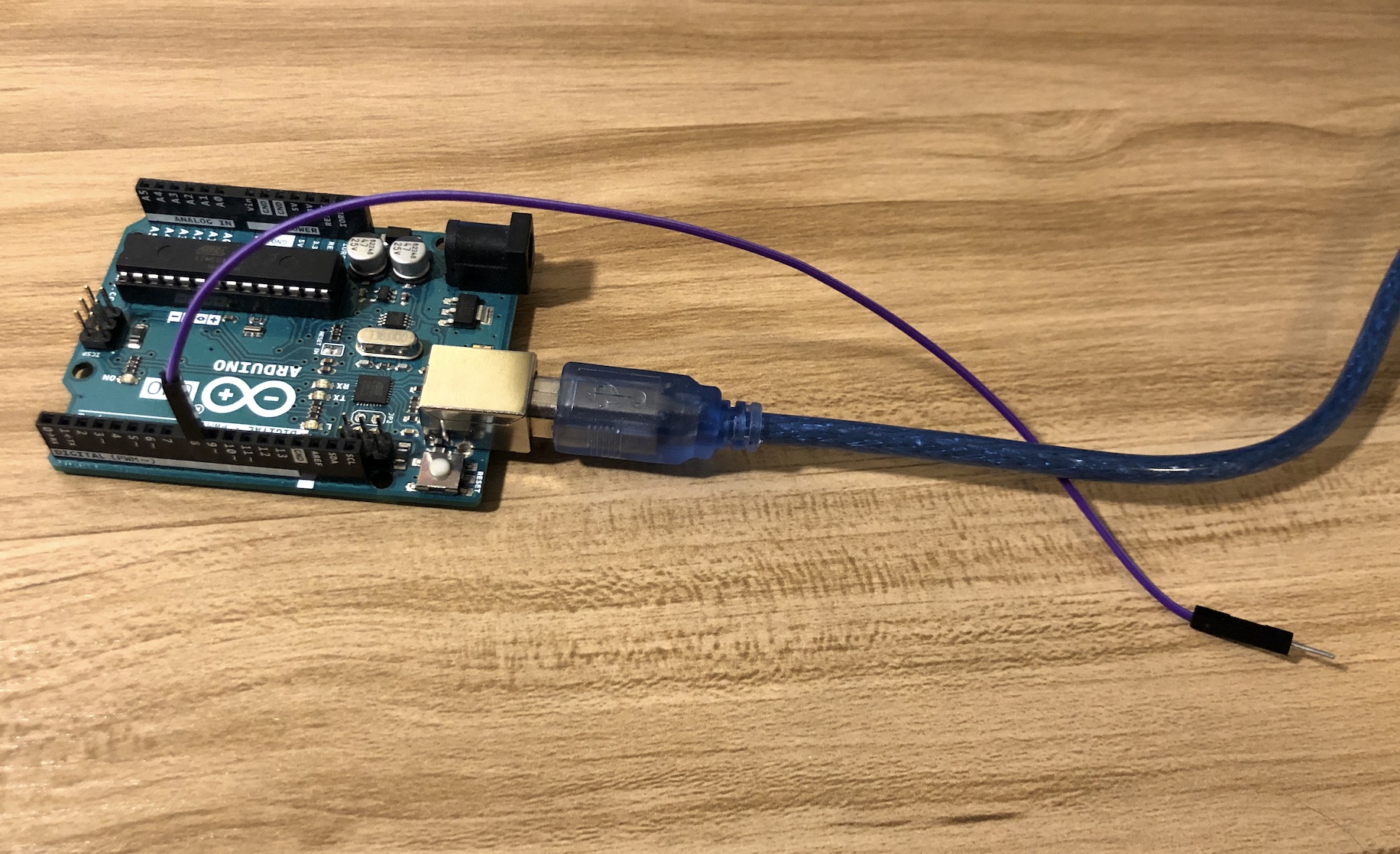 Arduino with jumper wire outputting the digital signal