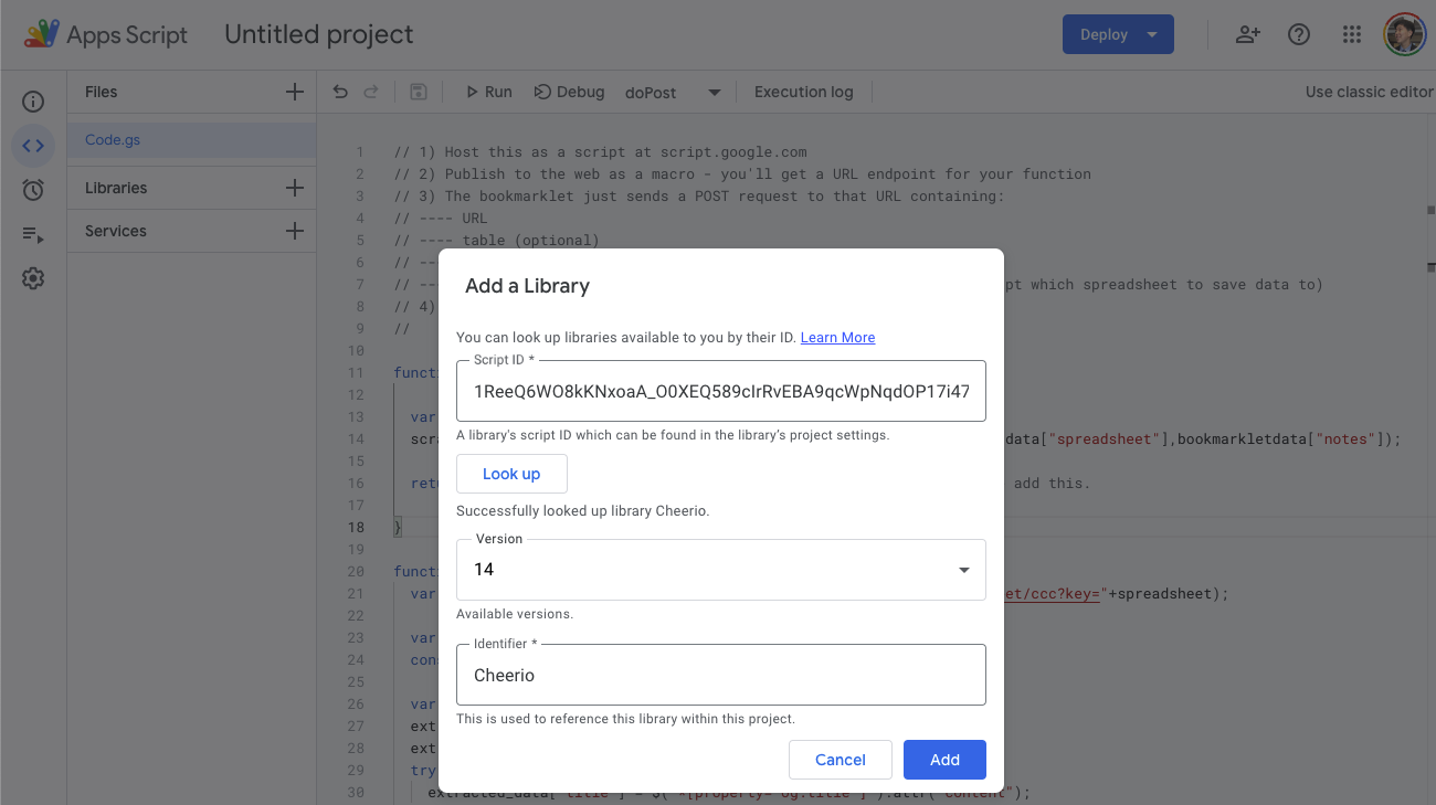 Google Script with code, looking up Cheerio successfully