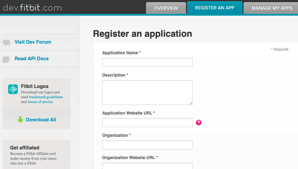 Register a Fitbit app page