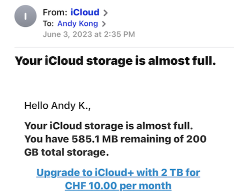 Kind letter from Apple requesting I purchase more storage