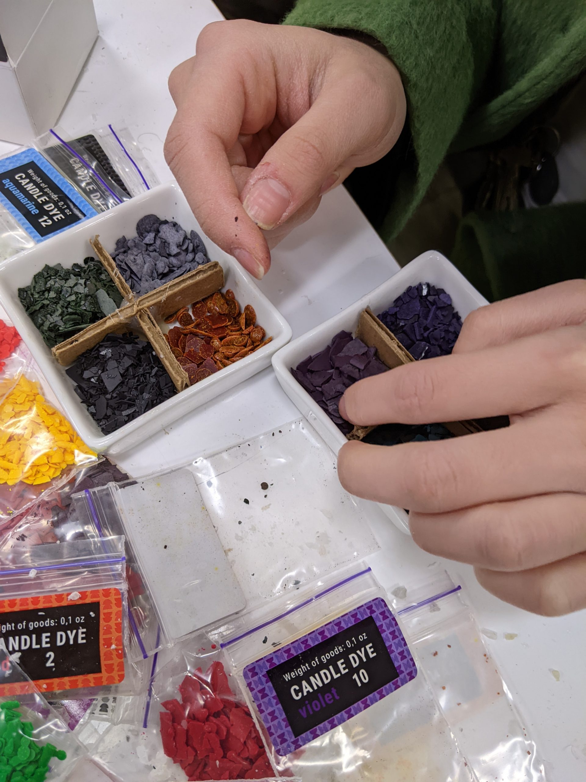 Wax dye chips for the audience to use on the candles so they weren't all just white