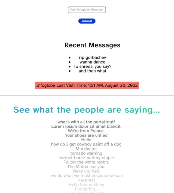 Screenshot of the Infoglobe website where messages can be uploaded. This is actually how I learned of Gorbachev's death