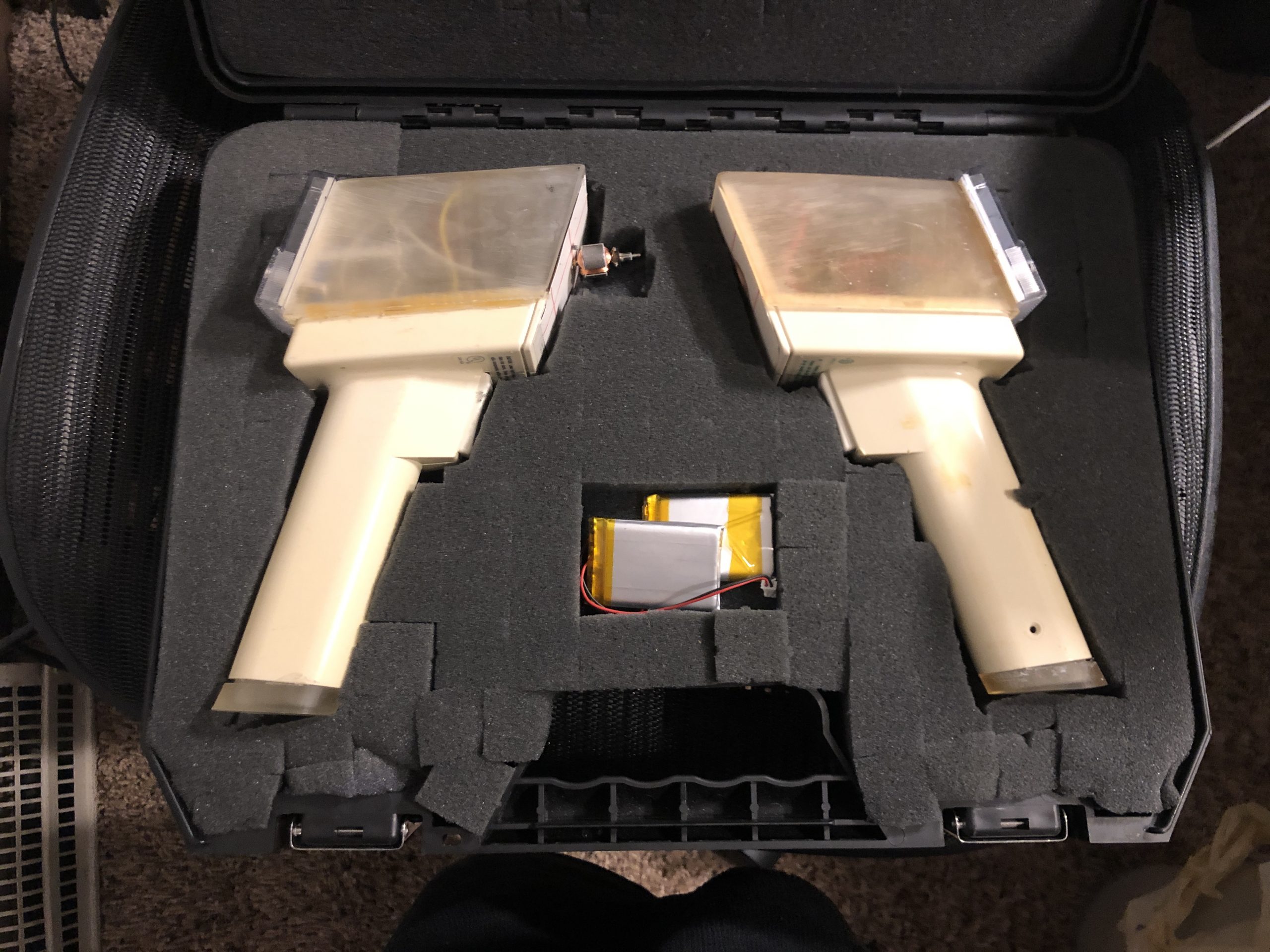 Meiger Counters in carrying case, v1 on the left and v2 on the right 