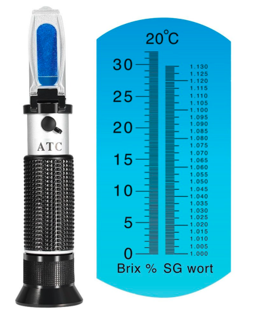 Refractometer on the left. The liquid goes on the blue, tilted part. The bar chart on the right is what you see through the peephole. 