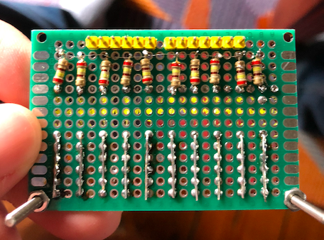 Picture of the underside of the board. Alternating resistors