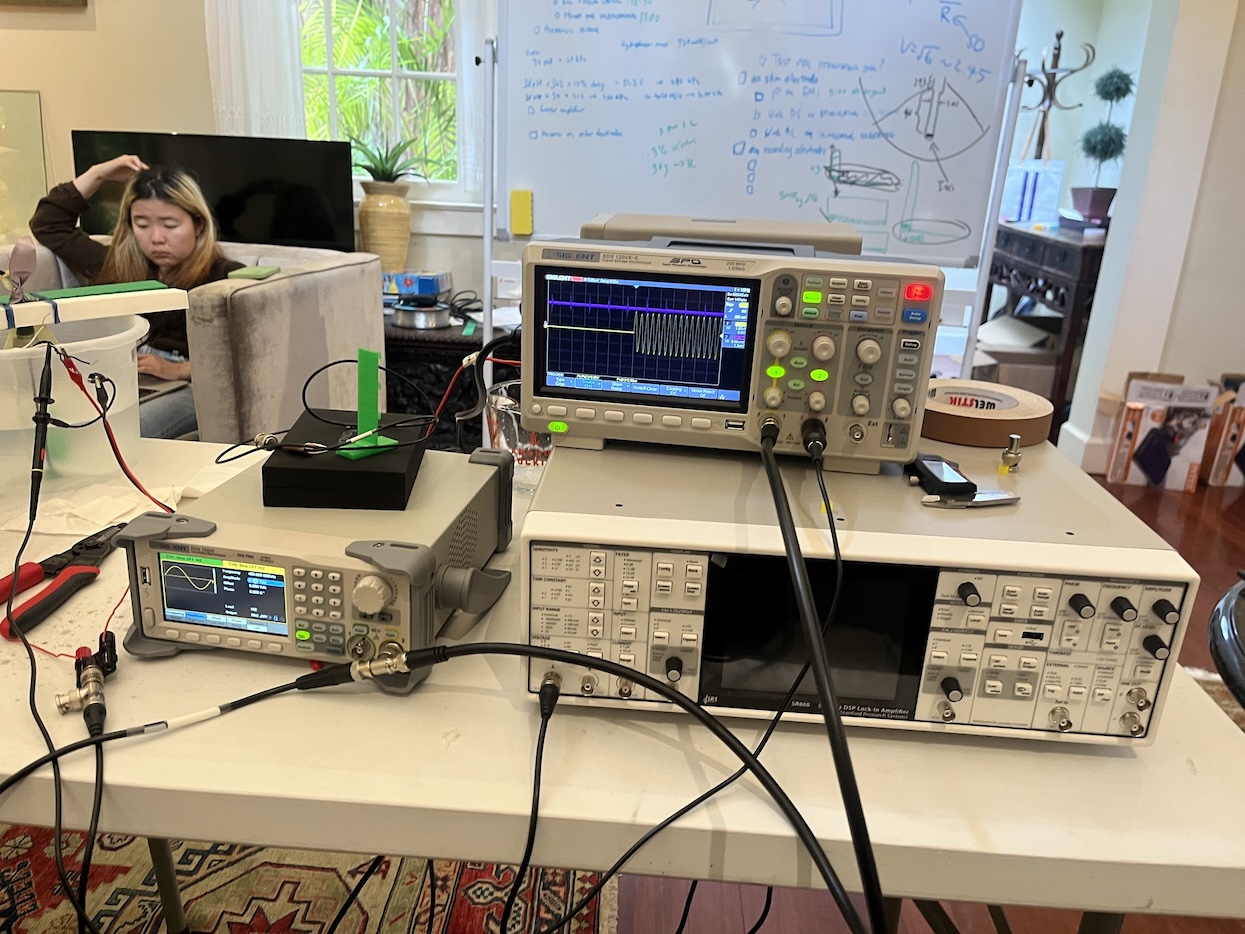 Function generator for the ultrasonic transducer, oscilloscope to see the ultrasonic microphone, lock-in (SR860) for demodulating the AE signal, and Marley for head scratching